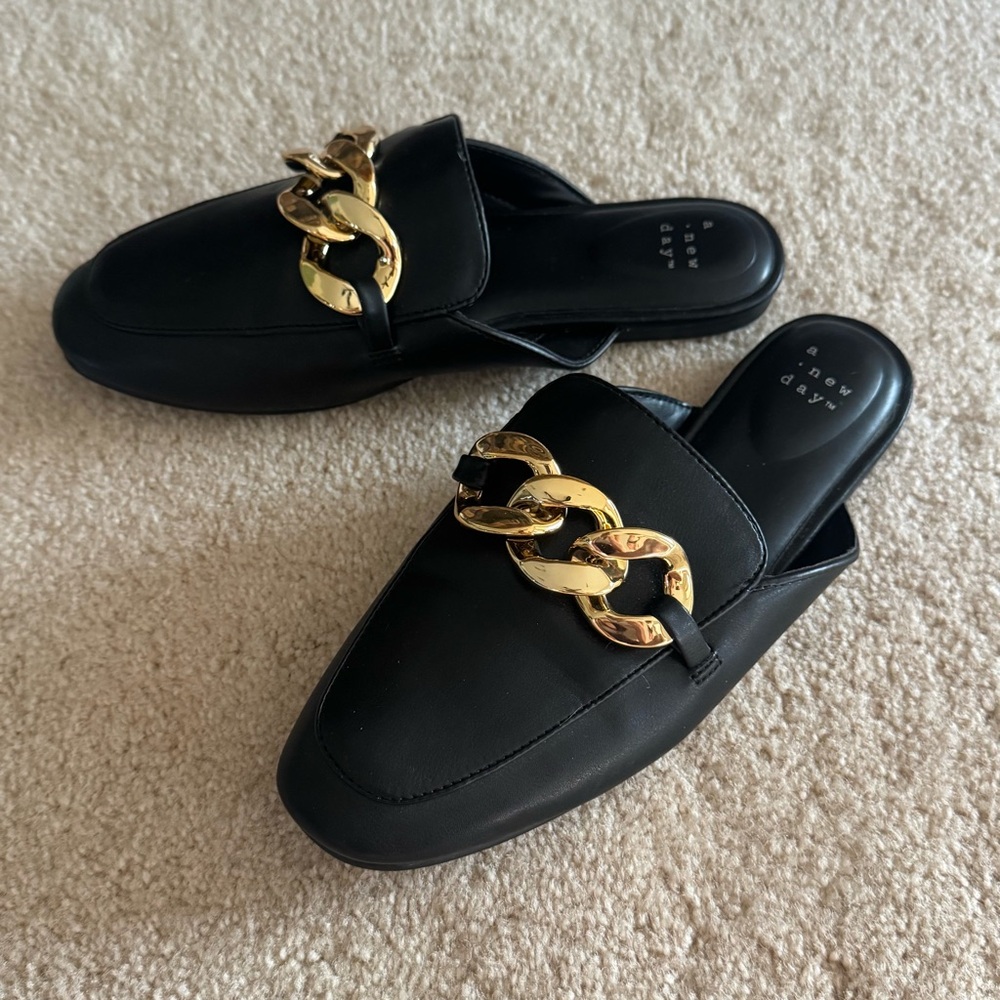 Black Leather Mules with Gold Chain by A New Day
